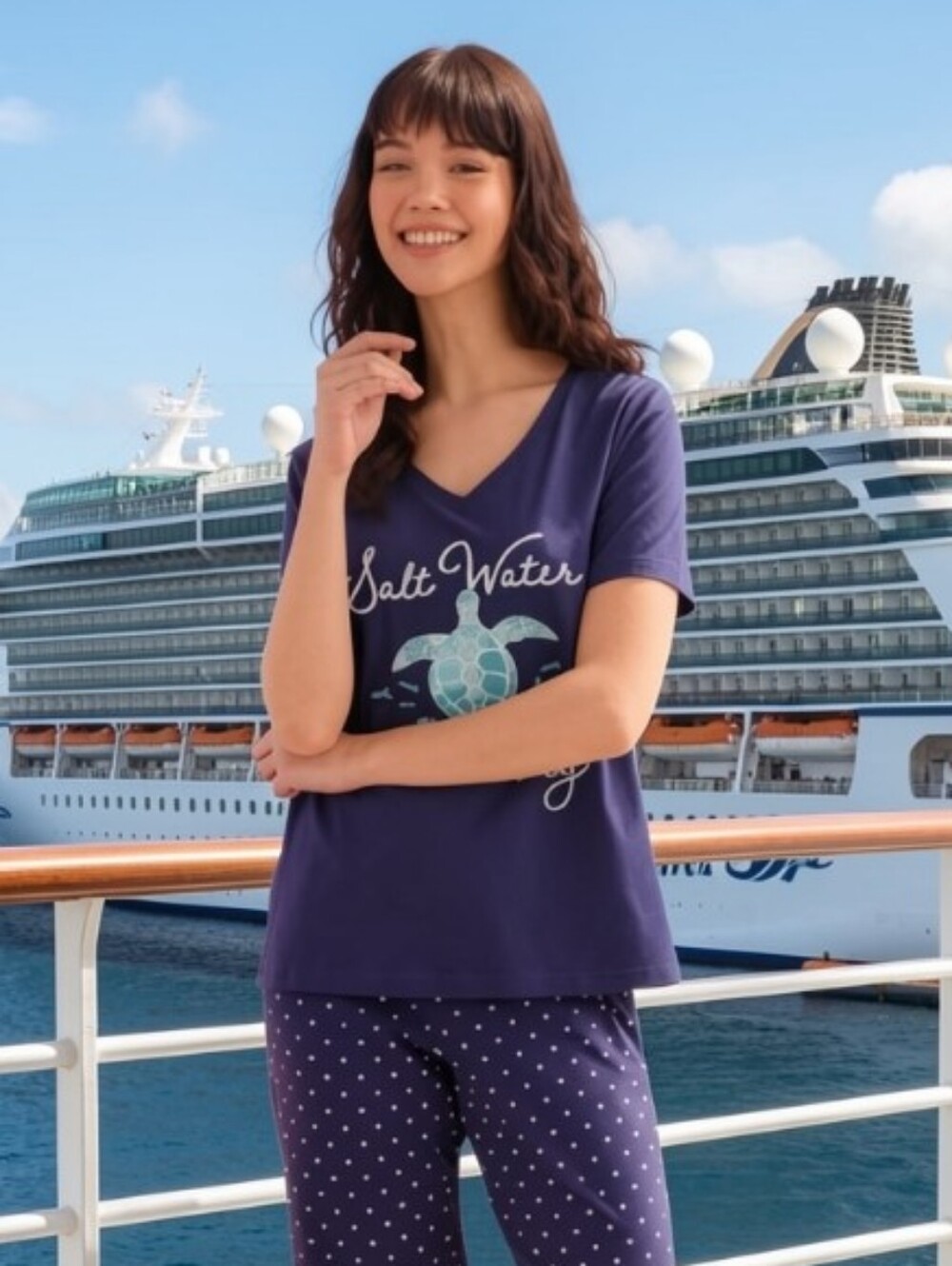 La Vie En Rose Navy 'Salt Water' V-Neck Pajama Set with Polka Capri Pants